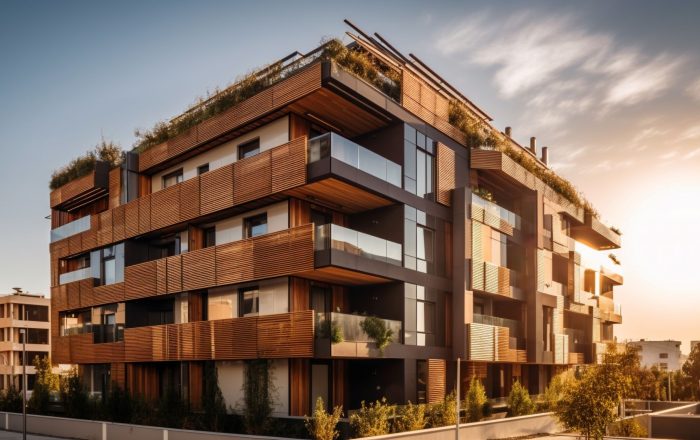luxury-apartment-building-with-glass-facade-reflects-sunset-generated-by-ai