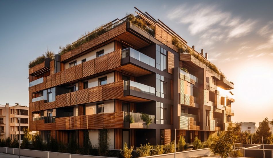 luxury-apartment-building-with-glass-facade-reflects-sunset-generated-by-ai